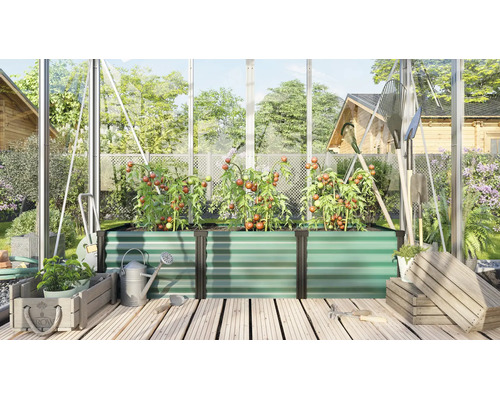 Jardinière surélevée rectangulaire en métal dans une serre avec des plants de tomates, des outils de jardinage et des caisses en bois.