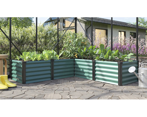 Jardinière surélevée en angle en métal ondulé dans une serre avec des plantes et un arrosoir sur une terrasse.