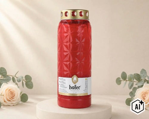 Bougie funéraire Hofer Friedlicht dans un boîtier en plastique rouge avec couvercle doré et motif floral. (Image AI modified or generated)