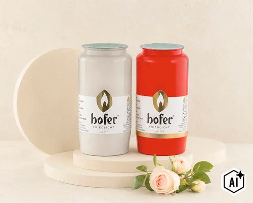 Deux bougies funéraires Hofer Friedlicht en blanc et rouge sur des socles ronds décorés de pétales de rose. (Image AI modified or generated)