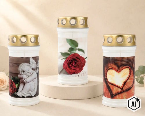 Trois bougies funéraires avec motifs, ange, rose et cœur, avec couvercle doré. (Image AI modified or generated)