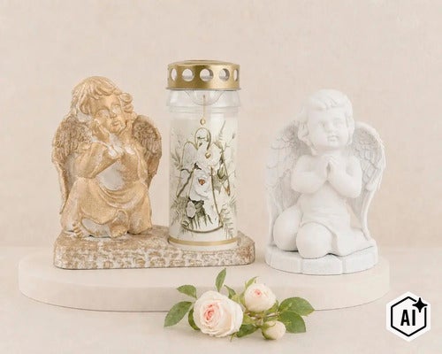 Grabschmuck Set bestehend aus zwei Engel Figuren, einer Grabkerze mit Blumendekor und Dekosockel zur Gestaltung von Grabstätten. (Image AI modified or generated)