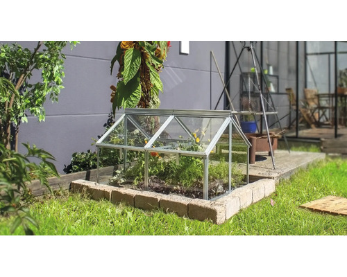 Ein kleines Frühbeet aus Glas mit Aluminiumrahmen steht auf einer Steinumrandung in einem Garten.