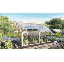 Ein kleines, gläsernes Frühbeet im Garten mit aufklappbaren Deckeln für den Anbau von Pflanzen im Freien.