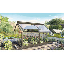 Une petite serre avec cadre en métal et parois en verre installée dans un jardin, avec un toit ouvrant pour la culture des plantes.