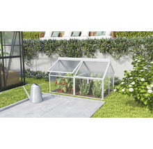 Une petite serre de jardin en aluminium et plaques alvéolaires avec deux fenêtres de toit ouvrantes pour la culture des plantes.