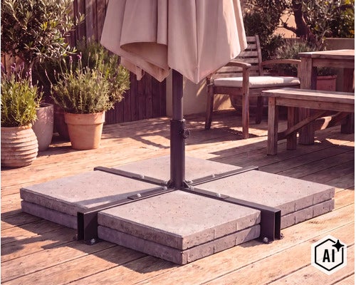 Pied en croix pour parasol avec dalles en béton sur une terrasse en bois. (Image AI modified or generated)