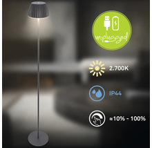 Lampadaire moderne alimenté par batterie, lumière blanc chaud 2700 Kelvin, indice de protection IP44 et fonction variateur 10 à 100 pour cent.