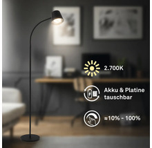 Lampadaire moderne avec batterie, col flexible et fonction variateur, deux mille sept cents Kelvin, batterie et carte électronique remplaçables.