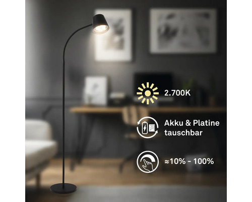 Lampadaire moderne avec batterie, col flexible et fonction variateur, deux mille sept cents Kelvin, batterie et carte électronique remplaçables.