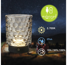 LED Tischleuchte aus Glas mit Akku, USB Ladeanschluss, 2700 Kelvin Lichtfarbe, Schutzart IP44 und drei Dimmstufen.