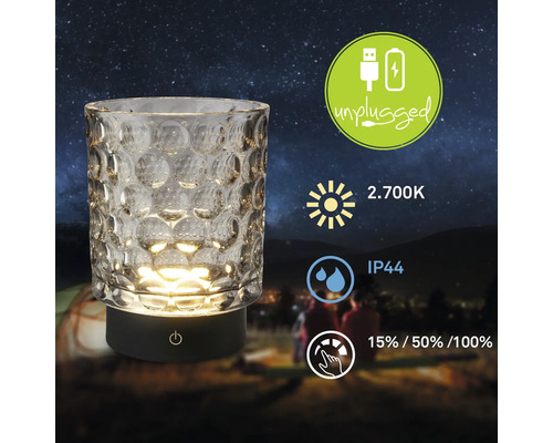 LED Tischleuchte aus Glas mit Akku, USB Ladeanschluss, 2700 Kelvin Lichtfarbe, Schutzart IP44 und drei Dimmstufen.
