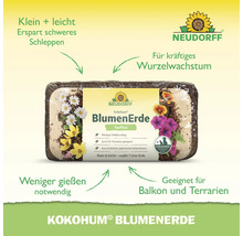 Terreau sans tourbe Neudorff Kokohum sous forme de brique de fibres de coco pressées pour sept litres de terre pour balcon et terrariums.