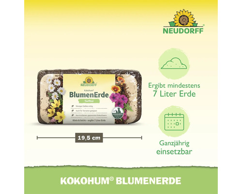 Terreau pour fleurs Neudorff Kokohum, bloc de fibres de coco sans tourbe, donne au moins sept litres de terre, utilisable toute l'année.