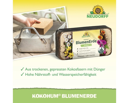 Terreau Neudorff Kokohum sous forme de bloc pressé en fibres de coco, sans tourbe et léger, donne sept litres de terreau.