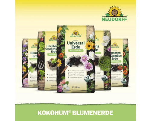Assortiment de terreaux Neudorff en différentes tailles d'emballage pour diverses applications de jardinage et types de plantes.