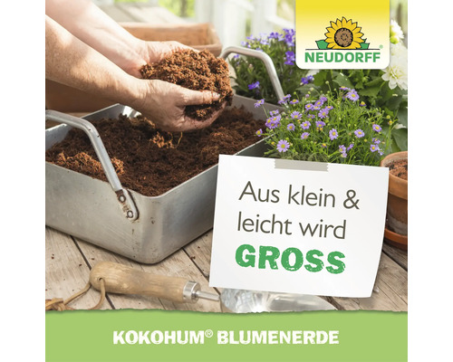 Terreau Neudorff Kokohum dans une jardinière avec des fleurs et logo Neudorff