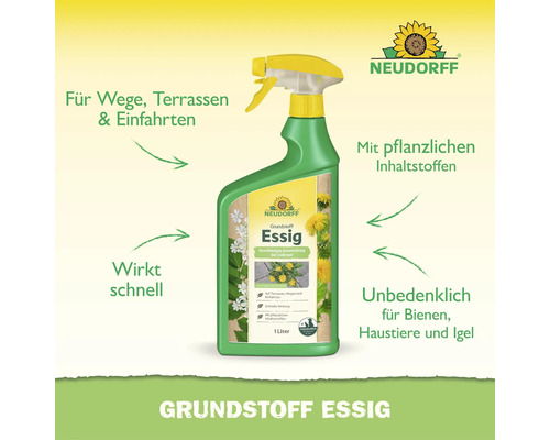 Désherbant Neudorff Grundstoff Essig en vaporisateur de 1 litre pour allées et terrasses à base d ingredients végétaux.