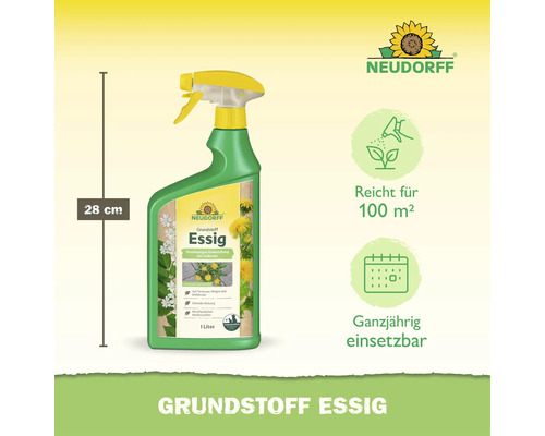 Désherbant Neudorff Grundstoff Essig en vaporisateur de 1 litre d une hauteur de 28 centimètres pour une utilisation sur les sentiers et terrasses.