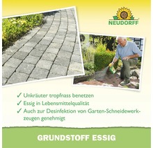 Neudorff Grundstoff Essig pour le désherbage des allées avec instructions d utilisation et logo Neudorff.