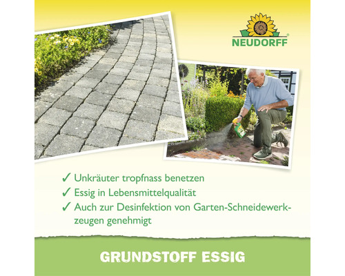 Neudorff Grundstoff Essig pour le désherbage des allées avec instructions d utilisation et logo Neudorff.