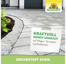 Logo Neudorff avec indication du vinaigre comme substance active pour lutter efficacement contre les mauvaises herbes sur les allées et terrasses.