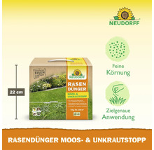 Engrais pour gazon Neudorff avec anti-mousse et anti-mauvaises herbes dans un emballage de 5 kilogrammes, 22 centimètres de haut, grain fin.