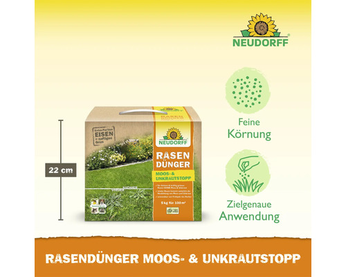 Engrais pour gazon Neudorff avec anti-mousse et anti-mauvaises herbes dans un emballage de 5 kilogrammes, 22 centimètres de haut, grain fin.
