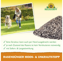 Engrais pour gazon Neudorff contre la mousse et les mauvaises herbes avec effet immédiat et durable pour une pelouse saine.