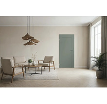 Moderne Zimmertür in Salbeigrün in einem hellen, wohnlich eingerichteten Wohnzimmer mit Lounge Bereich und Parkettboden.