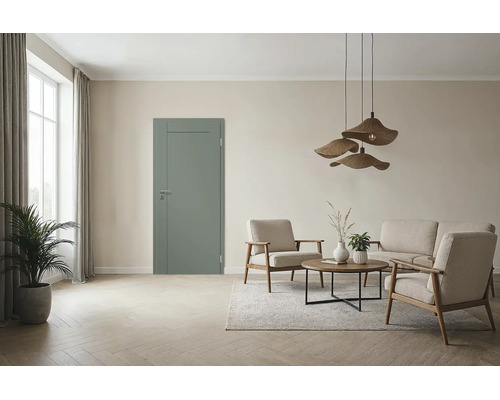 Moderne Innentür in dezentem Grünton in einem hellen, wohnlich eingerichteten Wohnzimmer mit Lounge Bereich und Pendelleuchten.
