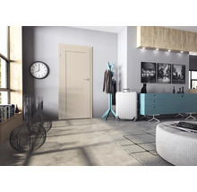 Moderne Innentür mit glatter Oberfläche und dezenter Füllungsoptik in einem stilvoll eingerichteten Wohnflur mit Garderobe.