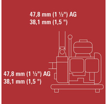 Dessin technique d une pompe de jardin indiquant les dimensions de raccordement de 47,8 millimètres 1,5 pouce filetage extérieur et 38,1 millimètres.