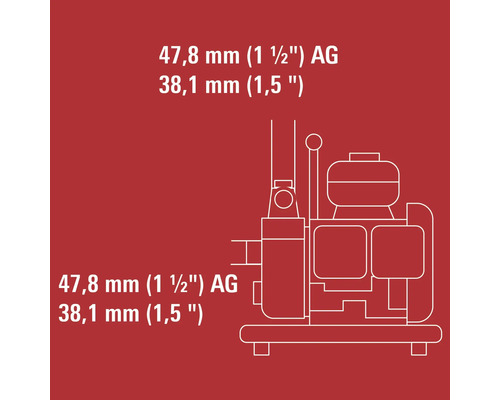 Dessin technique d une pompe de jardin indiquant les dimensions de raccordement de 47,8 millimètres 1,5 pouce filetage extérieur et 38,1 millimètres.