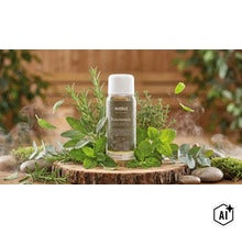 Concentré pour sauna Weka mélange d herbes entouré d herbes fraiches et de vapeur sur une tranche de bois. (Image AI modified or generated)