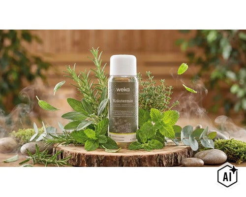 Concentré pour sauna Weka mélange d herbes entouré d herbes fraiches et de vapeur sur une tranche de bois. (Image AI modified or generated)