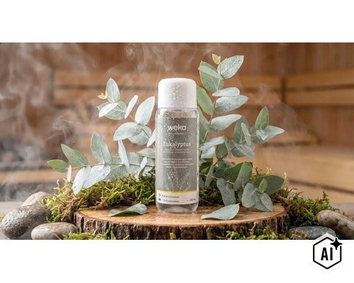 Concentré pour sauna Weka Eucalyptus en flacon de 250 millilitres avec des branches d eucalyptus sur une tranche de tronc dans un sauna (Image AI modified or generated)