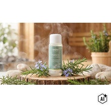 Concentré pour infusion sauna Weka au romarin dans un flacon de 250 millilitres sur une souche en bois avec des brins de romarin frais. (Image AI modified or generated)