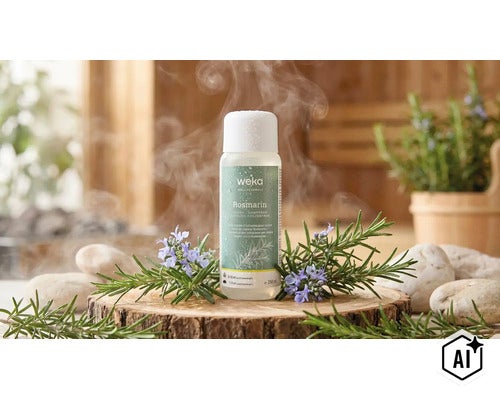 Concentré pour infusion sauna Weka au romarin dans un flacon de 250 millilitres sur une souche en bois avec des brins de romarin frais. (Image AI modified or generated)