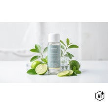 Concentré pour sauna Weka Eislimone en flacon de 250 millilitres décoré de citrons verts et de glaçons. (Image AI modified or generated)