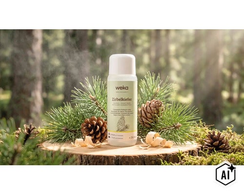 Concentré pour infusion de sauna Weka Zirbelkiefer 250 millilitres dans une bouteille sur une souche avec des branches de sapin et des pommes de pin. (Image AI modified or generated)