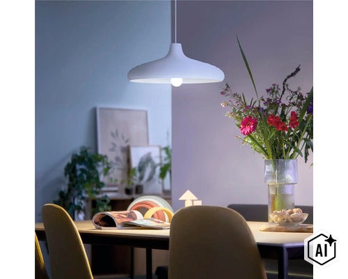 Lampe suspendue moderne dans une salle à manger confortable au-dessus d une table en bois avec un bouquet de fleurs dans un vase en verre. (Image AI modified or generated)