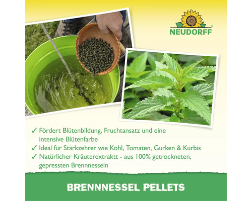 Neudorff Brennnessel Pellets als organischer Dünger zur Förderung von Blüten und Früchten bei Starkzehrern wie Tomaten und Kohl.