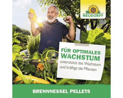 Ein glücklicher Mann präsentiert eine Zucchini in seinem Garten neben Neudorff Brennnessel Pellets für optimales Pflanzenwachstum.