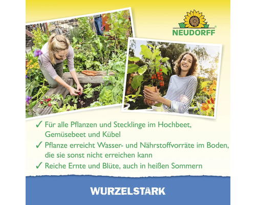 Neudorff Wurzeltark Dünger mit Anwendungsbeispielen im Hochbeet und mit Topfpflanzen für gesundes Pflanzenwachstum.