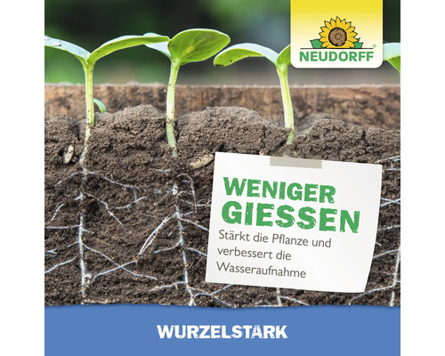 Neudorff Logo und junge Pflänzchen in Erde mit Wurzeln und Hinweistext zur Stärkung der Pflanzen und verbesserten Wasseraufnahme