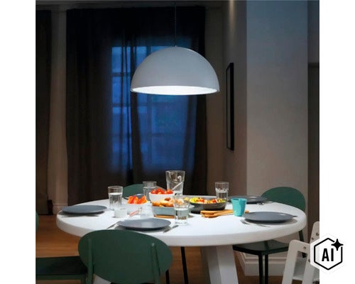 Suspension moderne en forme de demi-sphère au-dessus d'une table à manger ronde dans une salle à manger lumineuse. (Image AI modified or generated)