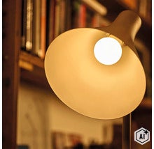 Lampe de bureau moderne avec ampoule LED et large abat jour pour un éclairage direct du poste de travail (Image AI modified or generated)