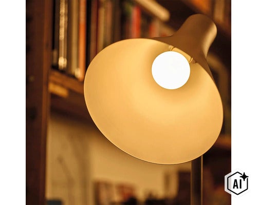 Lampe de bureau moderne avec ampoule LED et large abat jour pour un éclairage direct du poste de travail (Image AI modified or generated)