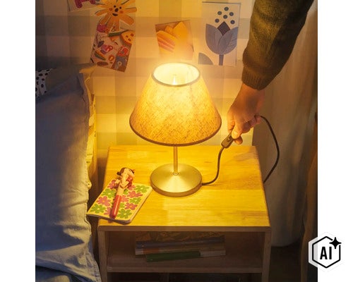 Eine Nachttischlampe mit Textilschirm steht auf einem Holznachttisch und wird von einer Hand eingeschaltet. (Image AI modified or generated)